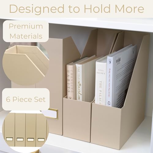 BLU MONACO | Set of 6 Foldable Taupe Magazine File Holders with Label Holders | Vertical File Organizer & File Storage Boxes for Desk, Shelves & Home Office - color: Taupe