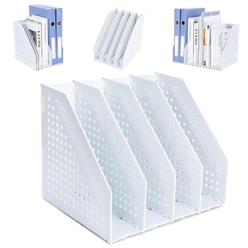 FRETONBA Collapsible Magazine File Holder with 4 Vertical Compartments Foldable Binder Holder for Desk Binder Storage Organizer Plastic Magazine Holders for Shelf, Light Gray - color: Light Grey, size: 4 Compartments - 1Pcs