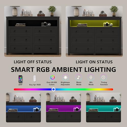 Dresser for Bedroom with 6 Drawers, Wide Chest of Drawers with LED Light and Power Outlet, Wooden Closet Organizer Clothes Storage Cabinet, Modern Double Dressers for Living Room, Hallway, Black - color: Black, size: 15.8"D x 47.2"W x 39.4"H (6 Drawers)