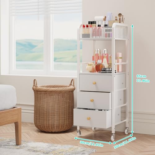 HapiRm Rolling Makeup Cart Organizer - Floor Skincare Make Up Storage with 3 Non-woven Fabric Drawers, Vanity Organizer Cosmetic Display Cases Holder for Skin Care Perfume Nail Polish Brush Hair Tool - color: White