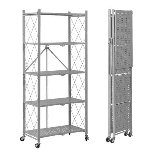 BRIAN & DANY 5-Tier Foldable Storage Shelves with Wheels, Folding Metal Rack Shelving Unit, Heavy Duty No Assembly Organizer Shelf for Garage, Kitchen, Basement, Pantry, Gray - color: Grey, size: 5-tier