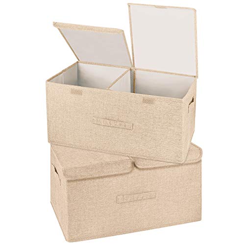 2 Pack Large Storage Boxes with Lids and Handles, Collapsible Linen Storage Bins Organizer Containers Baskets Cube with Removable Divider for Home Bedroom Closet Office (Khaki, Large) - color: Khaki, size: Large