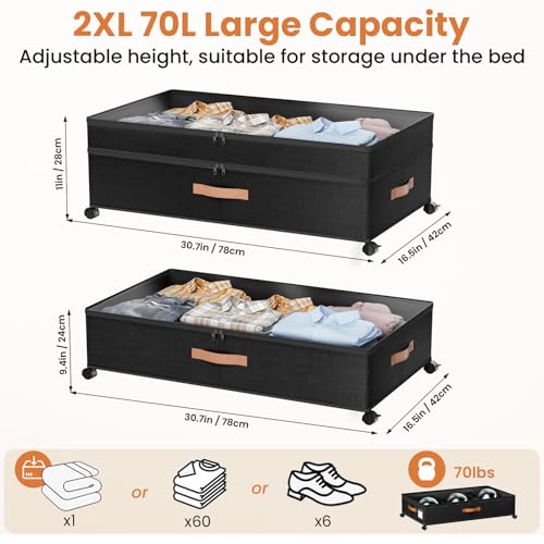 Under Bed Storage with Wheels, 72L XXL Under the Bed Storage Containers Large, 10‘’ Tall Adjustable Storage for Underbed with Lids, Rolling for Shoes, Clothes, Blankets, Black - color: Black