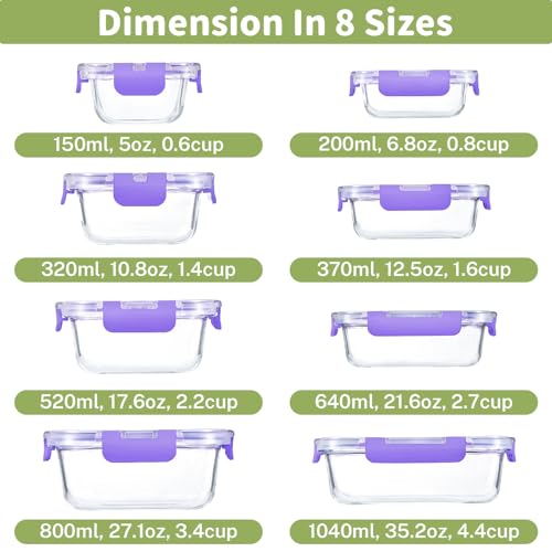 HOMBERKING 8 Pack Glass Food Storage Containers with Lids, Meal Prep Containers, Airtight Bento Boxes with Leak Proof Locking for Microwave, Oven, Freezer and Dishwasher, BPA Free, 5-35oz, purple - color: Purple