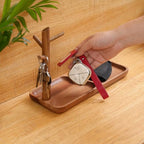 Wooden Jewelry Stand, 2-in-1 Entryway Key Tray & Desk Organizer, Multi-Compartment Vanity Jewelry Holder, Solid Wood Entryway Organizer for Necklaces, Rings, Earrings, Minimalist Home Decor