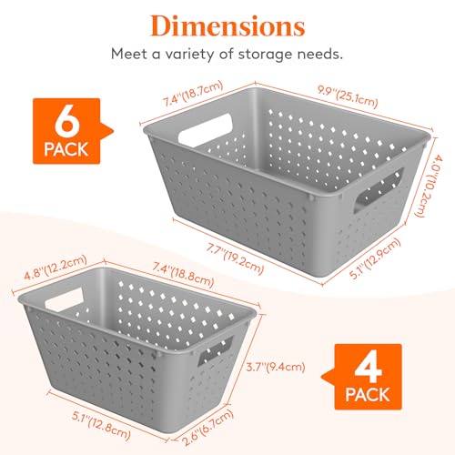 Lifewit Plastic Storage Basket for Organizing, 10 Pack Stackable Open Containers, Multi Size Storage Bins for Shelving, Pantry, Office and Cabinet, 6 Large and 4 Small Size, Gray - color: Gray, size: 6 Large and 4 Small