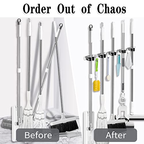 2 Pack Mop and Broom Holder Wall Mount, 5 Racks and 4 Hooks Broom Organizer Storage Tool Racks Stainless Steel Heavy Duty Hooks Self Adhesive Solid Non-slip for Home Kitchen Garden Laundry Garage - color: 5 Racks & 4 Hooks (Silver) - 2 Pack