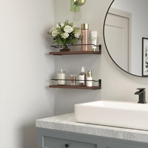 RICHER HOUSE Floating Shelves, Small Wall Shelf for Bathroom Decor, Rustic Wall Mounted Wood Shelves Set of 2, Bathroom Organizer Over Toilet Storage, Kitchen Shelf - Rustic Brown - color: Brown
