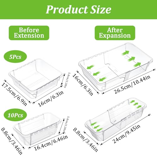 15-Piece Extendable Drawer Organizer Set, 2-Size Adjustable Clear Plastic Storage Bins for Bathroom Vanity, Makeup, Kitchen Utensils & Office Supplies