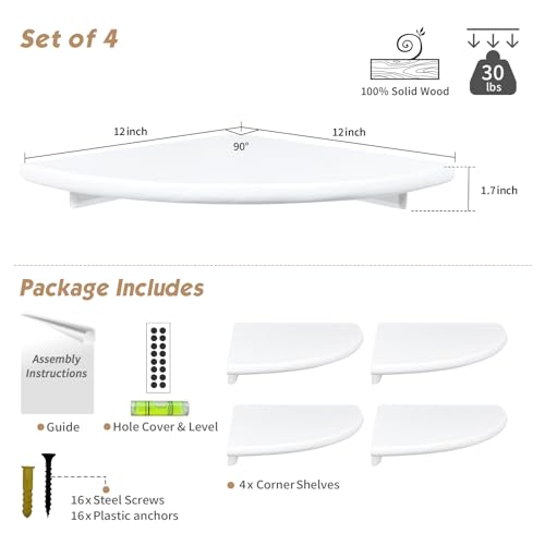 Forbena Corner White Floating Book Shelves for Wall Set of 4, Wood Nursery Corner Bookshelf for Kids Bedroom, Large Modern Round Wall Bookshelves for Living Room Decor, Indoor Plants, Bathroom - color: 1. White, size: 12" Depth