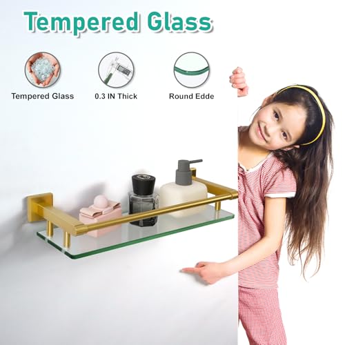 16 Inch Brusheld Gold Bathroom Glass Shelves with Stainless Steel Railing, Tempered Floating Glass Modern Decoration Bathroom Shelf Sink Over Toilet - color: Brushed Gold, size: 16'' with Railing