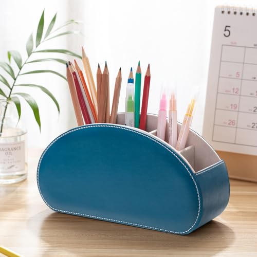 Remote Control Holders Organizer Box with 5 Compartment PU Leather Multi-functional Office Desk Storage Caddy Store Tv Remote for Media Player,Brush,Pencil,Glassees&Office Supplies (Peacock Blue) - color: Peacock Blue, size: S