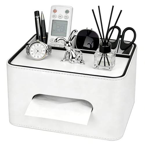PU Leather Tissue Box Cover Square - Multifunctional Tissue Box Holder with Storage, Tissue and Remote Control Holder Organizer with Compartments for Bedroom Nightstand, Desk, Living Room (White) - color: White