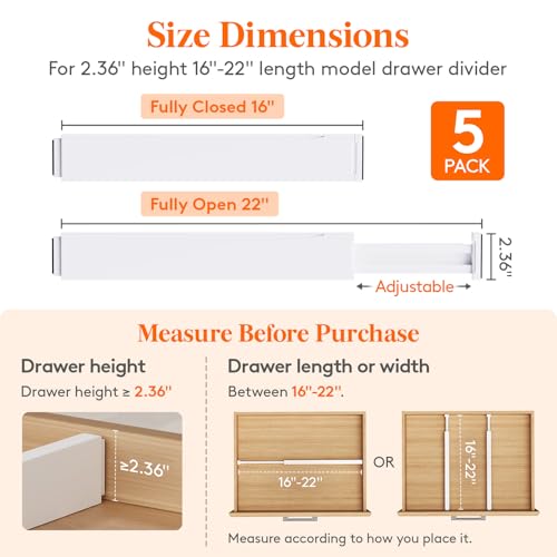 Lifewit 5 Pack 2.36" High Drawer Dividers 40-56cm/16-22 Adjustable Drawer Organizer for Clothes/Utensils, Expandable Drawer Separator in Dresser/Kitchen/Bedroom/Office Organization & Storage White - size: 2.36"H, 16-22"L