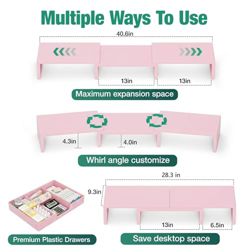 OPNICE Desk Organizers and Accessories, Dual Computer Monitor Stand Riser with Drawer, Office Decor for Women, Office Desk Accessories & Workspace Organizers, Pink - color: Pink