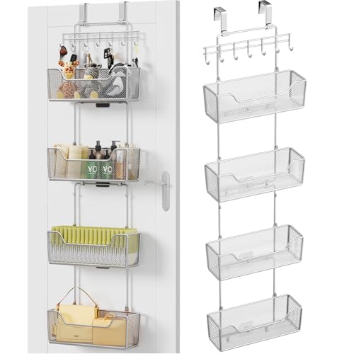 HapiRm Over The Door Organizer - Hanging Door Organizer with 4 Metal Large Capacity Baskets and Adjustable Coat Hook for Bathroom Bedroom Kitchen Pantry Closet Cabinet - color: Brushed Nickel