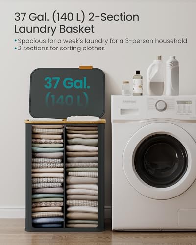 SONGMICS Laundry Hamper, Laundry Basket with Lid, Foldable Storage Basket, Bamboo Frame, for Bedroom, Living Room, Oxford Fabric, 37 Gal. (140 L), Slate Gray ULCB519GN01 - color: Slate Gray, size: 140 L (2-Section)
