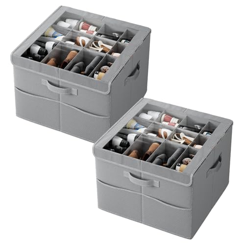 PHINOX Shoe Organizer for Closet, Fits 12-24 Pairs, Shoe Storage Bins with Clear Cover and Reinforced Handles, Foldable Shoe Storage Organizer, Space Saving Shoe Holder for Wardrobe, 2 Pack Gray - color: Gray, size: 2 Pack-17''L x 17''W x 12.5'' H
