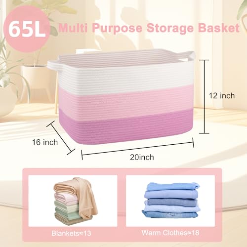 OIAHOMY Large Blanket Basket, 65L Cotton Rope Woven Laundry Basket, Toy Bin for Baby Room, Container for Blanket Storage in Living Room, 20''×16''×12'', Gradient Pink - color: Gradient Pink, size: 65L