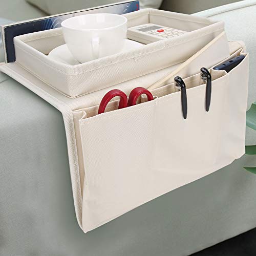 Sofa Armrest Organizer with Cup Holder Tray,4 Pockets Armchair Caddy Bedside Storage Pockets Bag 11.8x7.1x7.1inch TV Remote Control Organizer Armchair Couch Bag (Beige) - color: Beige