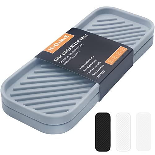 Silicone Organizer Tray, Soap and Sponge Holder for Kitchen Sink, Bathroom - Storage Tray for Dish Brush, Soap Dispenser, Dishwashing Accessories- 2 Pack (Gray) - color: Gray, size: 9.2 x 3.6 x 0.5 inches