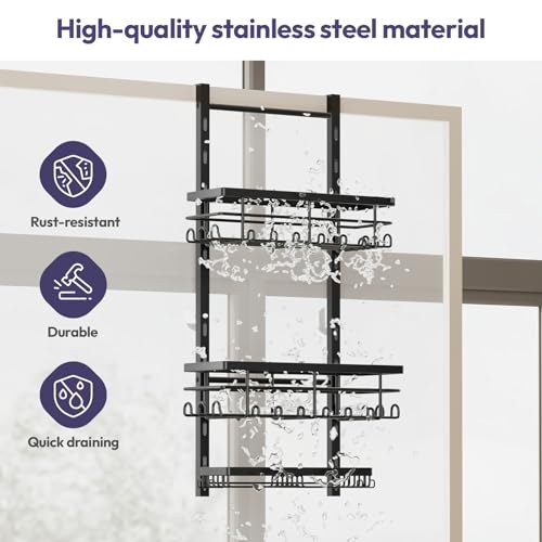 SWTYMIKI Over The Door Shower Caddy - 3 Tier Rustproof Hanging Shower Organizer with Adjustable Shelves, 28 Hooks & Soap Holder, Hanging Shower Rack Storage for Bathroom Accessories, Black - color: Black-3 Tier