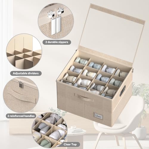 Shoe Organizer for Closet, Large Shoe Box Storage Containers with Clear Window, Space Saving Shoe Bin with Foldable Bottom Support Adjustable Dividers - Fits 16 Pairs (Beige, (19.7*15.7*13)x1) - color: Beige, size: (19.7*15.7*13)x1