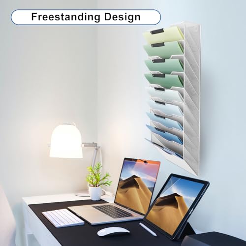 EASEPRES 10 Pocket Mesh Hanging Wall File Organizer, Wall Mounted Mail Paper Document Folder Holder, Clipboard Storage Organization Magazine Rack with Nametag Label for Office Home School, White - color: White, size: 10 Tier