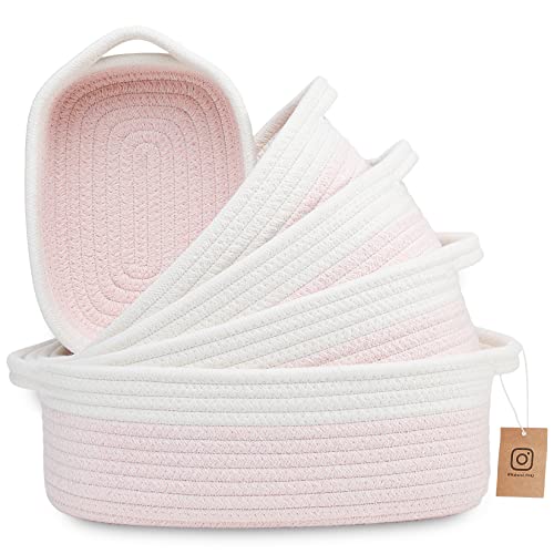 NaturalCozy 5-Piece Rectangle Storage Basket Set- Natural Cotton Rope Woven Baskets for Organizing! Small Basket for Montessori, Baby Nursery, Dog Toy Baskets, Cat Toy Box, Bathroom Organization Bin - color: Off White & Mixed Pink