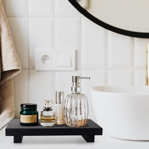 Black Wooden Bathroom Tray Decorative Kitchen Countertop Trays Farmhouse Wood Riser Pedestal Stand Dish Soap Dispenser Holder for Kitchen Counter Bathroom Sink Organizer Accessories Decor Vanity Tray - color: Black, size: 10" x 6" x 1.6"