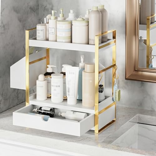 2-Tier Bathroom Counter Organizer with Drawer and Basket, Wood Countertop Organizer for Storage, Skincare Organizers for Vanity, Counter Shelf for Bathroom Organization(White-gold) - color: White-gold