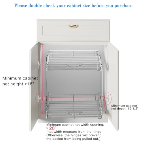 DINDON 2 Tier Pull Out Cabinet Organizer (20" W X 18" D), Double Tier Wire Basket Slide Out Shelf Storage for Kitchen Base Cabinet Organization for Kitchen, Pantry, Bathroom, Chrome - size: 20'' W X 18'' D