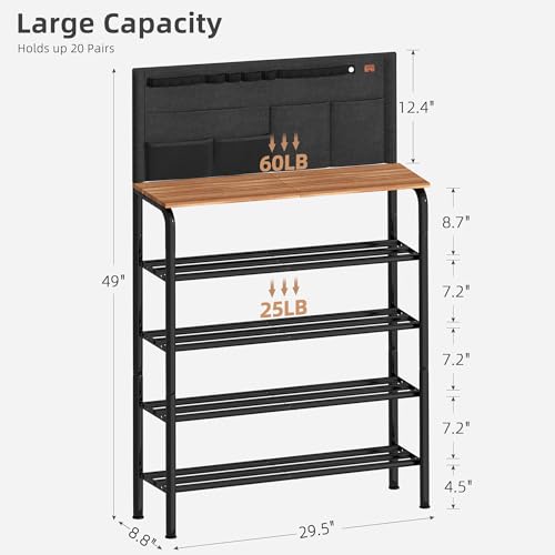 STORAGE MANIAC 5 Tier Shoe Rack for Entryway, Metal Shoe Shelf with Storage Pocket and MDF Top Board, 16-20 Pairs Free Standing Shoes Organizer for Closet, Black