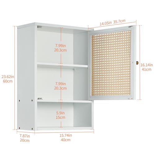 Takywep Bathroom Wall Cabinet, White Bamboo with Rattan Doors Adjustable Shelf Wall Mounted, Over Toilet Storage Organizer, Wooden Medicine Cabinet for Bathroom, Kitchen, Laundry, Living Room - color: White