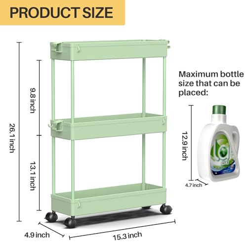 SPACEKEEPER Slim Rolling Storage Cart, 3 Tier Bathroom Organizer Utility Cart Laundry Room Organization Mobile Shelving Unit for Kitchen, Bathroom, Office, Bedroom, Narrow Places, Green - color: Green