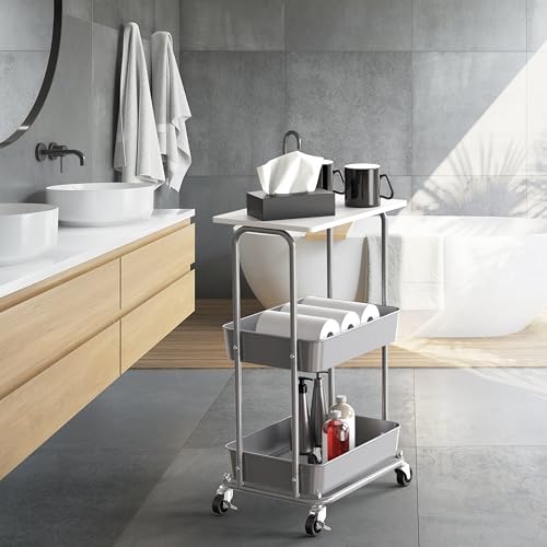 Simple Houseware 2-Tier Rolling Utility Cart with Lockable Wheels and Wood Top, Metal Storage Organizer Trolley for Kitchen, Bathroom, Office, Craft Room, White - color: White