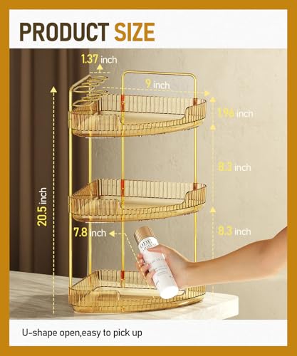 EUHOME 3-Tier Corner Bathroom Counter Organizer Makeup Cosmetic Storage, Tool-Free Installation Acrylic Vanity Shelf, Countertop Storage Organizers Perfume Tray for Bathroom, Dresser, Kitchen (Gold) - color: Gold, size: 9" x 9" x 20.5"