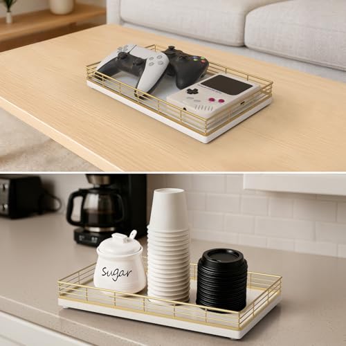 Large Bathroom Vanity Tray – 13" x 8" Oak Decorative Wooden Tray for Bathroom Countertop & Vanity Organizer, Wood Tray for Perfume, Skincare & Accessories Storage, Vanity Dresser Decor Gold & White - color: Gold & White, size: 13" x 8" x 2"