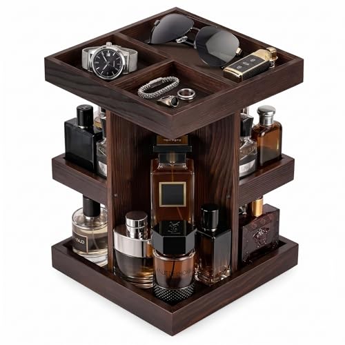 ProCase 3-Tier 360° Rotating Cologne Organizer for men, Large Capacity Wooden Countertop Display Rack for Bathroom & Dresser, Space-Saving Vanity Tray for Perfume & Skincare, Gifts for Him (Brown) - color: Brown