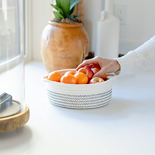 NaturalCozy 5-Piece Round Small Woven Baskets Set– Cotton Rope Baskets for Organizing! Montessori Toys, Fruits Remotes Key Tray Bowl for Entryway Desk, Shallow Catchall Home Décor, Cat Dog Bin Gift - color: Off White & Black Stitching