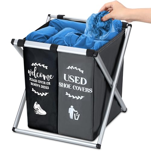 Wonderjune Foldable Disposable Shoe Cover Box Dispenser Fabric Storage Bin Holder with Used Shoe Covers and Welcome Please or Remove Sign for Open House Supplies(Black, Gray) - color: Black, Gray