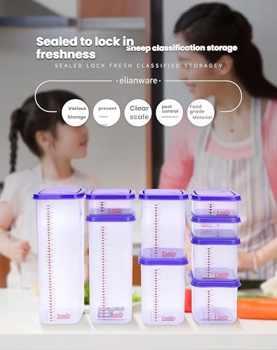 Airtight Food Storage Container With Lids 9PCS Family Set, BPA-Free Food-grade Plastic Stackable Leak-proof Kitchen Pantry Organizers for Pasta, Nuts, Dry Goods, Snack,Modular Design (Purple) - color: Purple