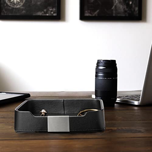 SANZIE Luxury Leather Tray Desktop Storage Catchall Organizer Decorative Tray for Entryway Table to Hold Jewelry Watch Keys Phone Wallet (Metal Silvered, Black) - color: Black (Silver)