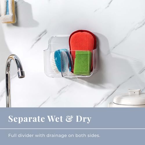 No-Drill Wall Storage Basket – 2-Compartment Clear Acrylic Organizer Bin with Strong Adhesive, Easy to Install & Remove, Waterproof Shelf for Kitchen, Bathroom, Cabinet – Sandra Series - size: 2-Compartment