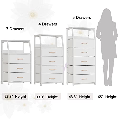 Furnulem White Dresser with 5 Drawers, Vertical Storage Tower Fabric Dresser for Bedroom, Hallway, Entryway, Nursery, Closet Organizer, Nightstand Bedside Table Furniture, Sturdy Steel Frame, Wood Top - color: White, style: 5 Drawers