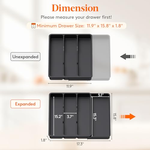 Lifewit Utensil Organizer for Kitchen Drawer, Expandable Cooking Silverware Tray, Adjustable Cutlery Flatware Holder, Plastic Spatula Tools Storage Divider, 17.3 x 15.8", Black - color: Black, size: 17.3*15.8*1.8 inch (4 Slots)
