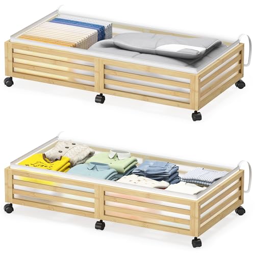 Under Bed Storage Containers With Wheels - 2 Pcs Large Bamboo Wood Rolling Underbed Shoe Storage Bins With Dust Bags for Clothes Blankets, Duvet Covers Snacks Toys (Natural) - color: Nature, size: L