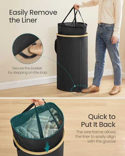 SONGMICS Laundry Hamper, Laundry Basket with Lid, 23.8 Gal. (90 L), with Removable Liner Bag, for Laundry Room, Bedroom, Living Room, Ink Black and Light Bamboo ULCB547B01 - color: Ink Black, size: 90 L (1-Section)