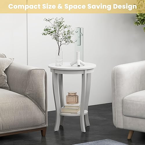 GOFLAME 2-Tier Round End Table, 18” Sofa Side Table with Storage Shelf, Floor Tea Table with Solid Wood Legs, Compact Nightstand for Small Space, Living Room, Bedroom, White - color: White