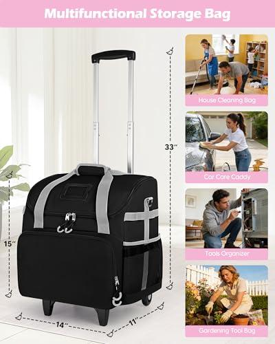Marscamd Large Rolling Cleaning Caddy Bag with Detachable Trolley, Cleaning Supplies Organizer with Wheels for Housekeepers, Black - color: Black